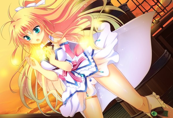 Anime picture 1370x942 with futsuno fantasy long hair blue eyes blonde hair game cg magic girl dress bow hair bow