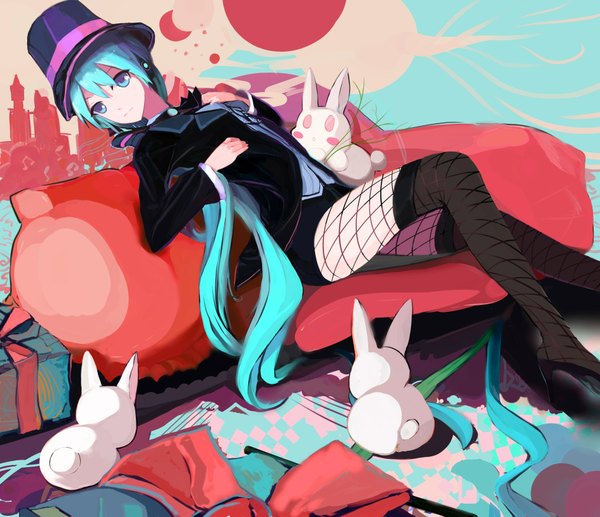 Anime picture 1900x1638 with project diva vocaloid miracle paint (vocaloid) hatsune miku sound tamashi single long hair highres twintails aqua eyes aqua hair girl hat pantyhose couch bunny fishnet pantyhose