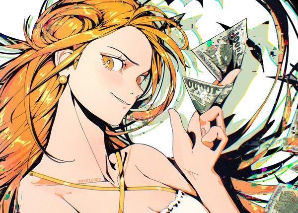 Anime picture 2800x2000 with one piece one piece film: gold toei animation nami (one piece) mygiorni single long hair looking at viewer highres upper body orange hair orange eyes girl earrings money
