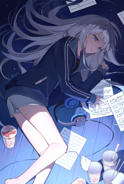 Anime picture 1228x1819 with project sekai yoisaki kanade azit (down) single long hair tall image blue eyes looking away silver hair indoors lying long sleeves bare legs sleeves past wrists on side dust girl shorts headphones short shorts