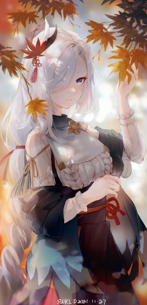 Anime picture 3546x7335 with genshin impact shenhe (genshin impact) swkl:d single long hair tall image fringe highres signed looking away absurdres silver hair outdoors braid (braids) hair over one eye alternate costume single braid dated autumn girl