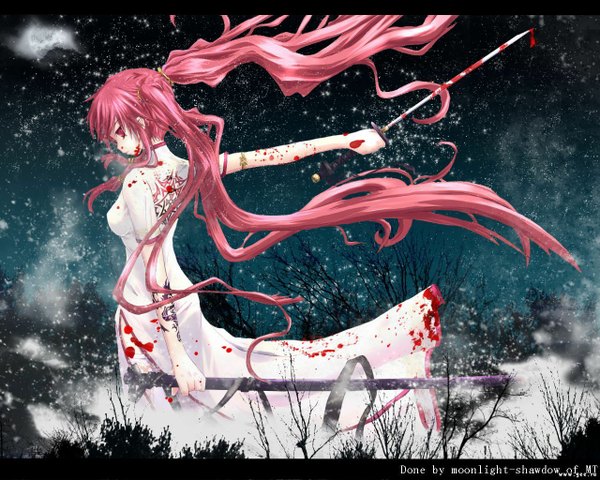 Anime picture 1280x1024 with original red eyes twintails pink hair cloud (clouds) night tattoo night sky girl dress sword white dress katana star (stars)