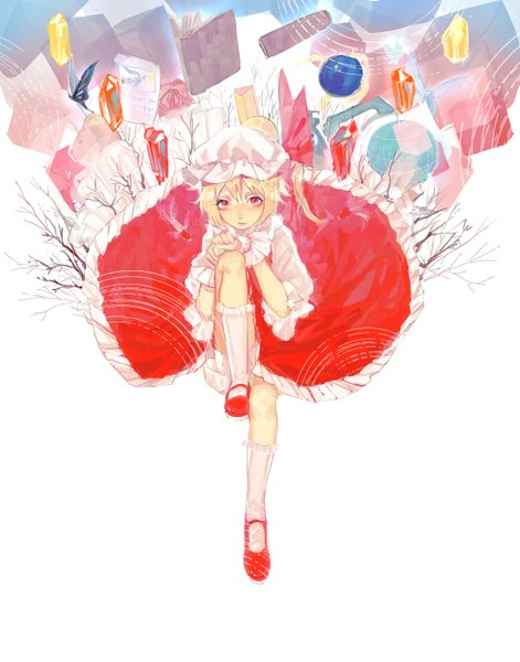 Anime picture 1100x1400 with touhou flandre scarlet tian (my dear) single tall image looking at viewer short hair blonde hair red eyes white background bent knee (knees) one side up leg hug girl animal wings socks book (books) insect butterfly
