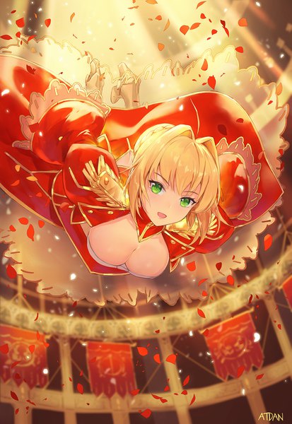 Anime picture 1017x1478 with fate (series) fate/extra nero claudius (fate) (all) nero claudius (fate) atdan single tall image looking at viewer blush fringe short hair breasts open mouth light erotic blonde hair smile hair between eyes green eyes signed cleavage