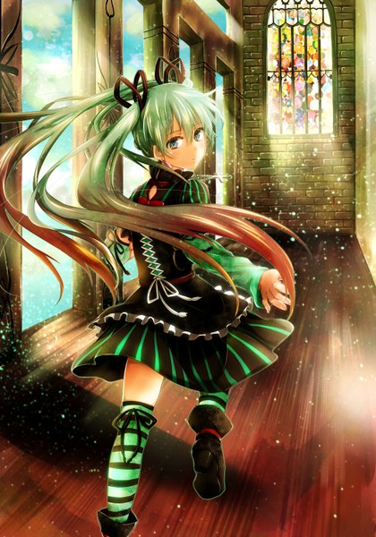 Anime picture 2100x3000 with vocaloid hatsune miku mikaharu single long hair tall image highres twintails green eyes looking back green hair girl thighhighs dress detached sleeves striped thighhighs cross