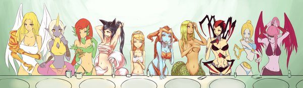 Anime picture 1699x500 with league of legends ahri (league of legends) lux (league of legends) soraka (league of legends) morgana (league of legends) shyvana (league of legends) orianna (league of legends) elise (league of legends) zyra (league of legends) kayle (league of legends) cassiopeia (league of legends) beanbean1988 long hair short hair breasts open mouth blue eyes light erotic black hair blonde hair