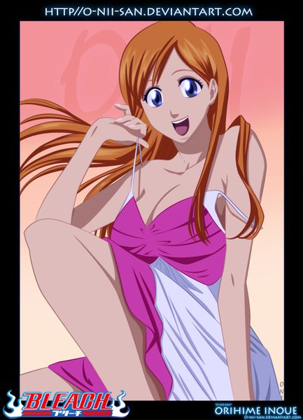 Anime picture 1000x1384 with bleach studio pierrot inoue orihime o-nii-san single long hair tall image open mouth smile purple eyes bare shoulders orange hair inscription coloring girl dress