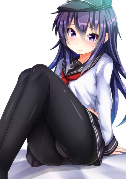 Anime picture 704x1000 with kantai collection akatsuki destroyer ebi 193 single long hair tall image looking at viewer blush fringe light erotic simple background white background purple eyes purple hair bent knee (knees) pleated skirt girl skirt underwear panties