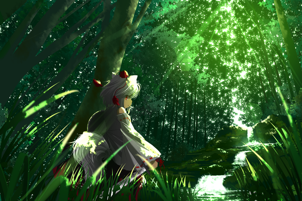 Anime picture 1350x900 with touhou inubashiri momiji pengin (takeoff425) single looking at viewer red eyes animal ears white hair tail animal tail looking back sunlight wolf ears wolf tail stream girl weapon plant (plants) detached sleeves sword