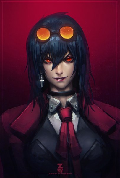 Anime picture 589x870 with hellsing alucard (hellsing) paul (shiramune) single long hair tall image fringe black hair simple background red eyes light smile lips realistic lipstick red background red lipstick genderswap girl earrings glasses