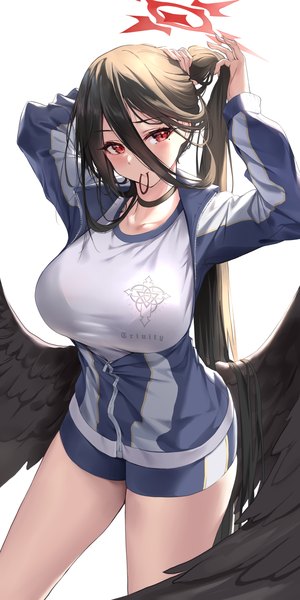 Anime picture 1400x2800 with blue archive hasumi (blue archive) hasumi (gym uniform) (blue archive) pdxen single long hair tall image blush fringe breasts light erotic black hair simple background hair between eyes red eyes standing white background holding looking away long sleeves