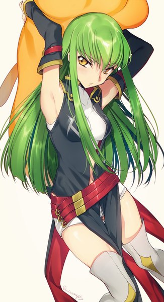 Anime picture 650x1196 with code geass sunrise (studio) c.c. cheese-kun creayus single long hair tall image looking at viewer fringe breasts simple background standing white background holding signed yellow eyes bent knee (knees) green hair arms up