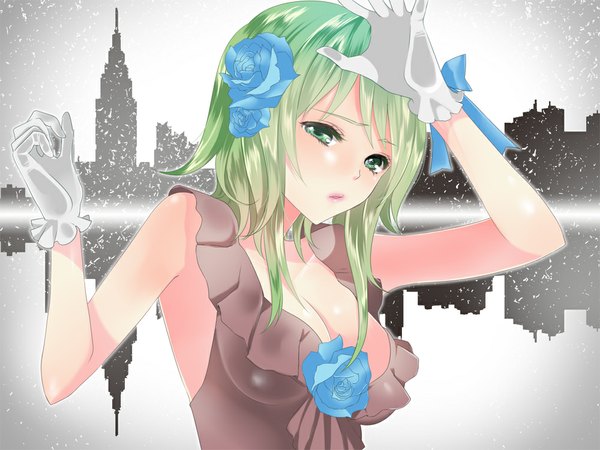 Anime picture 1000x750 with vocaloid gumi 1hayu single short hair breasts light erotic large breasts green eyes cleavage outdoors hair flower green hair lips alternate costume reflection girl gloves hair ornament flower (flowers)