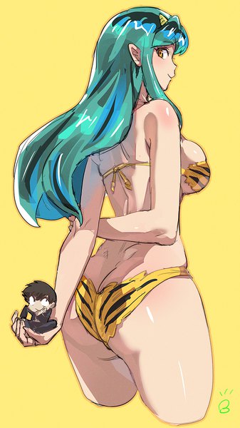 Anime picture 648x1154 with urusei yatsura lum moroboshi ataru bow (bhp) long hair tall image breasts light erotic black hair simple background smile large breasts standing sitting holding signed yellow eyes payot ass looking back