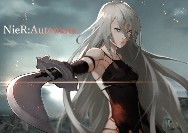 Anime picture 1500x1060 with nier nier:automata yorha type a no. 2 yoshio (55level) single long hair looking at viewer fringe blue eyes hair between eyes standing upper body grey hair blurry copyright name fighting stance girl weapon sword android