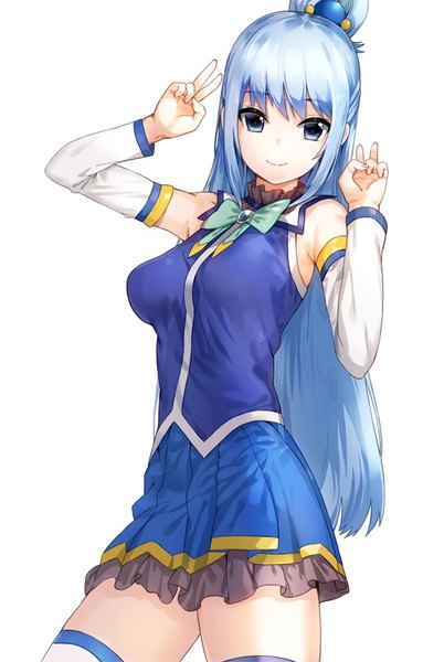 Anime picture 600x894 with kono subarashii sekai ni shukufuku wo! studio deen aqua (konosuba) kfr single long hair tall image looking at viewer blue eyes simple background white background blue hair girl dress detached sleeves beads