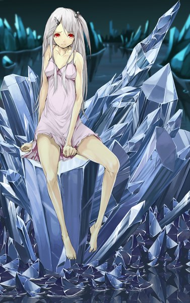 Anime picture 1000x1591 with original solru (tyappygain) single tall image looking at viewer light erotic red eyes sitting bare shoulders barefoot bare legs one side up sad girl hair ornament water lingerie hairclip