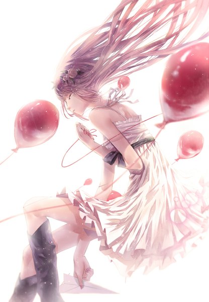 Anime picture 650x937 with vocaloid just be friends (vocaloid) megurine luka applekun single long hair tall image simple background white background bare shoulders pink hair bent knee (knees) eyes closed hair flower wind tears falling girl dress hair ornament