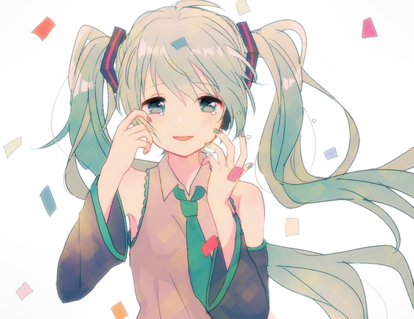 イラスト 1000x770 と ボーカロイド 初音ミク yuusa (natumikan122) ソロ 長髪 カメラ目線 ツインテール 肩出し upper body nail polish aqua eyes 風 aqua hair 女の子 袖だけ ネクタイ 涙滴 コンフェッティ