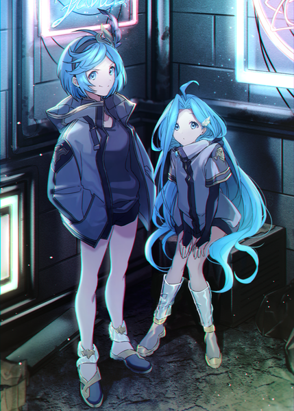 Anime picture 858x1200 with granblue fantasy gita (granblue fantasy) lyria (granblue fantasy) feb itk long hair tall image looking at viewer short hair blue eyes smile sitting multiple girls signed blue hair full body ahoge open jacket hands in pockets guider to the eternal edge girl