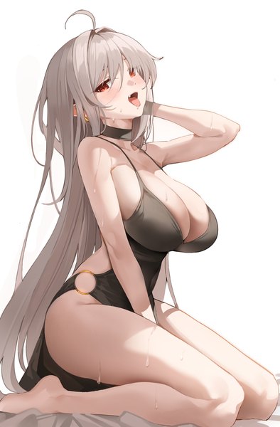 Anime picture 1100x1675 with original k pring single long hair tall image looking at viewer blush fringe breasts open mouth light erotic simple background hair between eyes red eyes large breasts white background sitting cleavage ahoge bent knee (knees)
