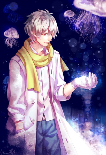 Anime-Bild 1000x1461 mit dramatical murder nitro+chiral clear (dmmd) kurayoshi samu (sum) single tall image fringe short hair blonde hair standing pink eyes mole open clothes open collar hand in pocket twisty sleeves boy gloves shirt belt