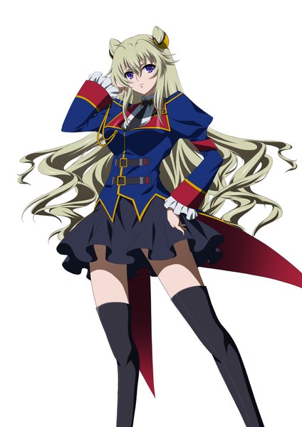 Anime picture 1280x1810 with code geass code geass boukoku no akito leila malcal ka2 (artist) single long hair tall image looking at viewer blue eyes blonde hair simple background white background girl thighhighs dress black thighhighs