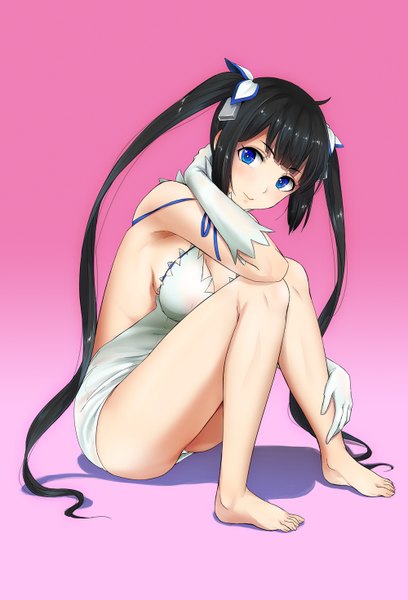 Anime picture 1000x1471 with dungeon ni deai wo motomeru no wa machigatteiru darou ka j.c. staff hestia (danmachi) shijou mako single long hair tall image blush fringe breasts blue eyes light erotic black hair large breasts twintails cleavage full body bent knee (knees) barefoot armpit (armpits)