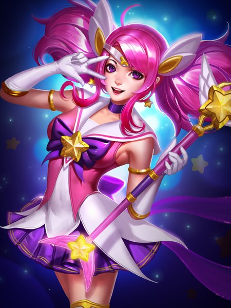 Anime picture 6000x8000 with league of legends lux (league of legends) star guardian lux liang xing single long hair tall image looking at viewer blush highres open mouth smile standing purple eyes twintails payot pink hair absurdres :d pleated skirt