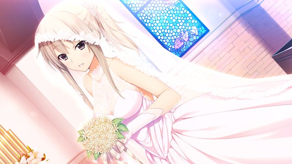 Anime picture 1280x720 with niizuma lovely x cation naruse nono iizuki tasuku single long hair looking at viewer fringe breasts blonde hair wide image purple eyes holding payot game cg girl dress gloves flower (flowers) white gloves white dress