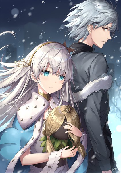 Anime picture 861x1227 with fate (series) fate/grand order anastasia (fate) viy (fate) kadoc zemlupus rin yuu long hair tall image blush fringe short hair hair between eyes standing holding brown eyes signed silver hair outdoors long sleeves profile