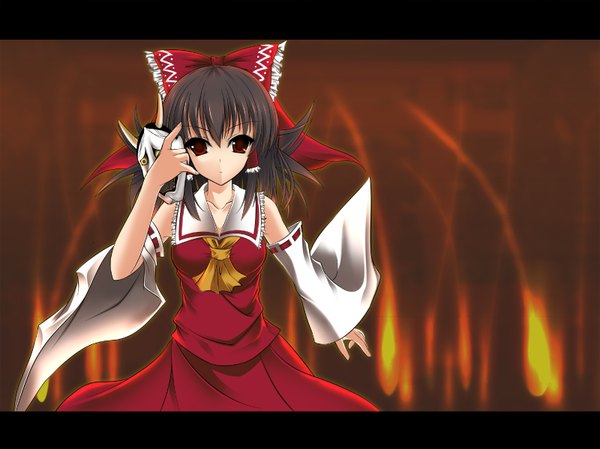 Anime-Bild 1600x1199 mit touhou hakurei reimu saxasa kisuk highres black hair red eyes japanese clothes miko girl skirt ribbon (ribbons) detached sleeves mask skirt set