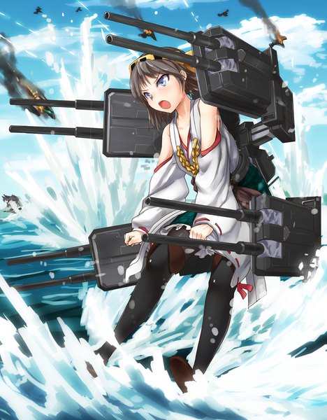 Anime picture 1004x1288 with kantai collection hiei battleship tadano magu long hair tall image open mouth blue eyes brown hair bare shoulders full body traditional clothes japanese clothes wide sleeves :o smoke fighting stance serious mecha musume >:o girl
