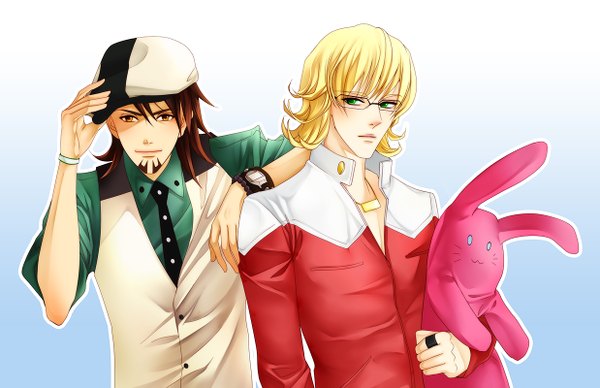 Anime picture 1237x800 with tiger & bunny sunrise (studio) kaburagi t. kotetsu barnaby brooks jr. beautiful-shinigami short hair blonde hair simple background brown hair brown eyes green eyes multiple boys twisty sleeves boy glasses necktie jacket pendant 2 boys toy