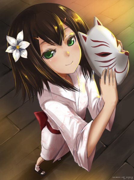 Anime picture 950x1280 with baka to test to shoukanjuu silver link kinoshita hideyoshi maisaki single tall image blush fringe short hair smile brown hair green eyes signed traditional clothes japanese clothes hair flower from above inscription wide sleeves otoko no ko