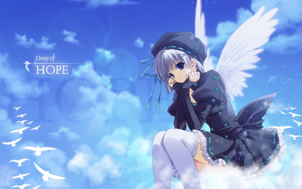 Anime picture 1680x1050 with original suzuhira hiro single looking at viewer fringe short hair blue eyes wide image sitting sky purple hair cloud (clouds) light smile wallpaper white wings chin rest girl thighhighs dress ribbon (ribbons)