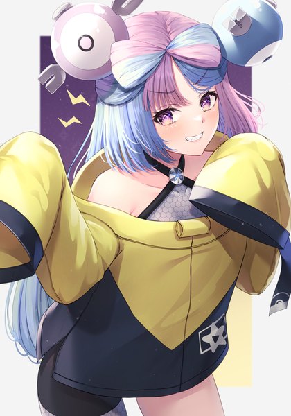 Anime picture 1400x2000 with pokemon pokemon (game) pokemon sv nintendo iono (pokemon) primamiya single long hair tall image looking at viewer blush smile standing bare shoulders blue hair pink hair long sleeves pink eyes multicolored hair two-tone hair