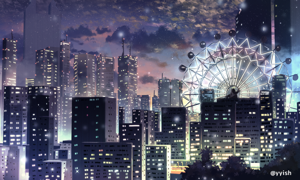 Anime picture 1800x1080 with plastic memories waisshu (sougyokyuu) highres wide image signed sky cloud (clouds) city cityscape twilight plant (plants) tree (trees) building (buildings) ferris wheel