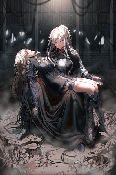 Anime picture 700x1050 with girls frontline ak-12 (girls frontline) an-94 (girls frontline) silence girl long hair tall image fringe sitting multiple girls looking away silver hair lying eyes closed long sleeves pink eyes on back glowing glowing eye (eyes) blood on face ruins