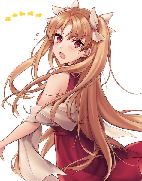 Anime-Bild 789x1000 mit fate (series) fate/grand order ereshkigal (fate) shiao single long hair tall image looking at viewer blush open mouth simple background blonde hair red eyes white background looking back two side up sweatdrop flying sweatdrops bitter sweet (fate/grand order) girl