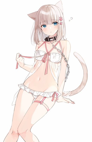 Anime picture 700x1079 with original yon (letter) single tall image looking at viewer short hair blue eyes light erotic simple background white background sitting animal ears tail animal tail cat ears arm support cat girl cat tail groin frilled panties