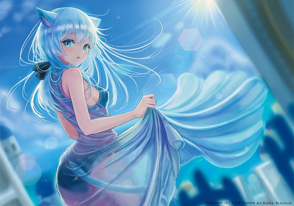 Anime picture 1084x763 with original hou no ka single long hair looking at viewer blush fringe open mouth blue eyes light erotic hair between eyes standing bare shoulders signed animal ears blue hair sky cloud (clouds) outdoors tail
