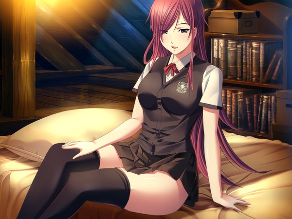 Anime picture 1024x768 with saint estera gakuin no shichinin no majo takizawa mana m&m single long hair looking at viewer breasts open mouth light erotic smile sitting purple eyes payot game cg red hair indoors :d pleated skirt arm support official art