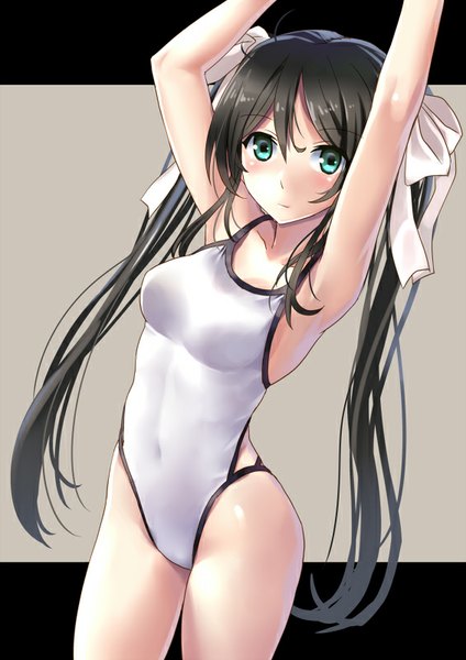 Anime picture 566x800 with original katahira masashi single long hair tall image looking at viewer blush breasts light erotic black hair simple background twintails aqua eyes arms up covered navel girl ribbon (ribbons) swimsuit hair ribbon one-piece swimsuit