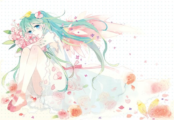 Anime picture 1060x729 with vocaloid hatsune miku kyang692 single long hair looking at viewer blush open mouth blue eyes sitting twintails nail polish wind aqua hair animal on head bird on head girl dress flower (flowers) animal