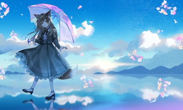 Anime picture 1920x1152 with original myusha single long hair looking at viewer fringe highres open mouth smile brown hair wide image animal ears yellow eyes sky cloud (clouds) full body tail :d animal tail high heels