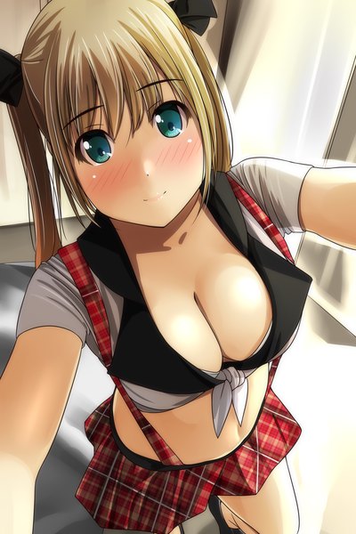 Anime picture 1600x2400 with original matsunaga kouyou single long hair tall image looking at viewer blush fringe breasts light erotic blonde hair hair between eyes large breasts standing twintails green eyes payot cleavage indoors from above