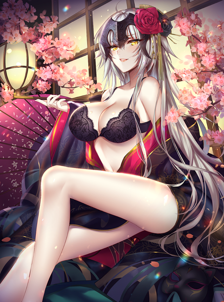 Anime picture 675x912 with fate (series) fate/grand order jeanne d'arc (fate) (all) jeanne d'arc alter (fate) mallizmora single long hair tall image looking at viewer blush fringe breasts light erotic hair between eyes large breasts sitting holding yellow eyes payot cleavage