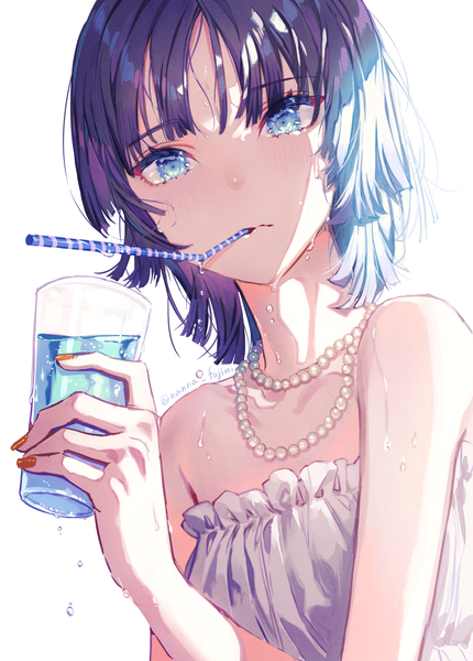 Anime picture 1076x1500 with original 778-go single tall image looking at viewer fringe short hair blue eyes simple background white background bare shoulders holding signed payot purple hair upper body nail polish arm up wet twitter username