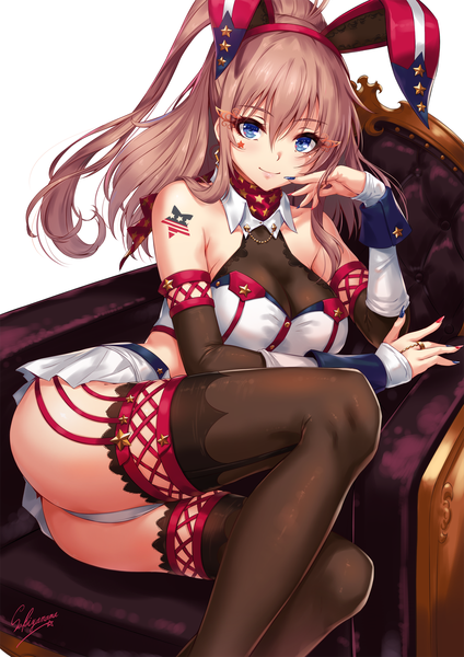 Anime picture 1200x1697 with kantai collection saratoga (kantai collection) sakiyamama single long hair tall image looking at viewer blush fringe breasts blue eyes light erotic simple background smile hair between eyes brown hair white background sitting bare shoulders signed